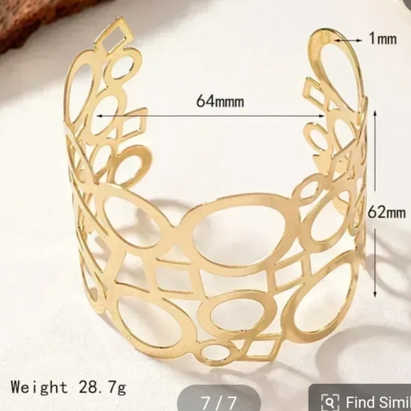 Cuff Bracelet 14K Gold Plated Art Deco Geometric Design - Picture 4 of 8